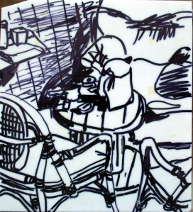 הזולה בכפר הצוללים באילת, עט שחור על פורמייקה