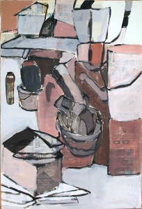 נייר עיתון מודבק על דיקט צבוע אקריל ודבק.