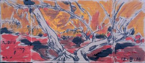 אקליפטוס נחלים אדום, וילפנה קריק, עט וצבע אקריל מרוח באצבע על קופסת קרטון.