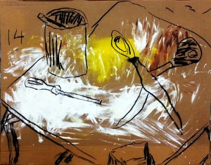 צבע ופחם על קרטון. 110X100